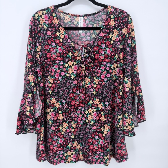 Dear Scarlett Tops - Dear Scarlett Blouse Womens Large Black Pink Floral Bell Sleeve Tie Neck NWT